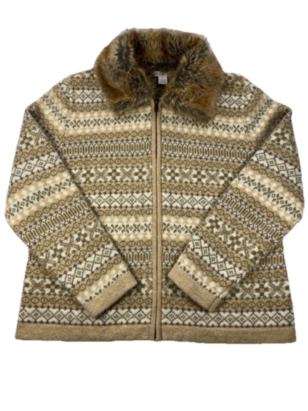 Susan Bristol Women’s Zip-Up Sweater with Faux Fur Trim Tan 100% Wool Size XL
